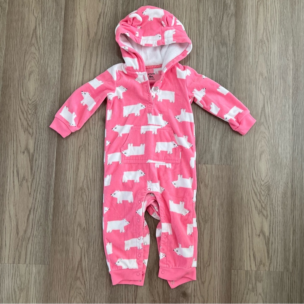 Carter’s Pink Polar Bear Fleece Hooded One-Piece Size 18M